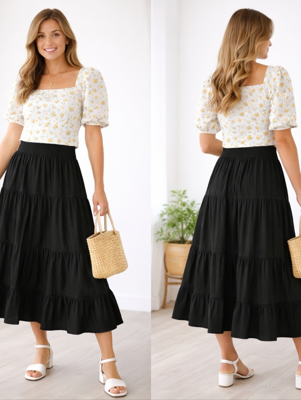 Old Navy Black Tiered Midi Skirt XS Boho Casual Elastic Waist Lined